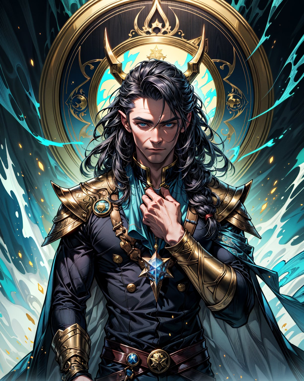 (masterpiece, best quality:1.4),(absurdres, highres, ultra detailed:1.2), Loki, (1 handsome man:1.4),(using dark magic:1.4),god magic,playful illustrations, imaginative overlays, artistic fusion,fantastical scenes, evocative narratives, striking visuals, upper body, 