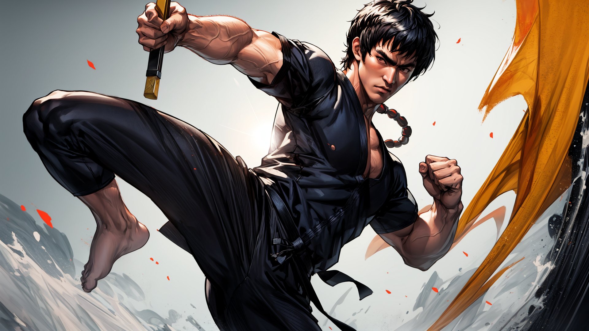 Best Quality, Masterpiece, Ultra High Resolution, Detailed Background, Bruce Lee, nunchaku , fighting pose, dojo background, dynamic view, 4k Best Quality,Shnks