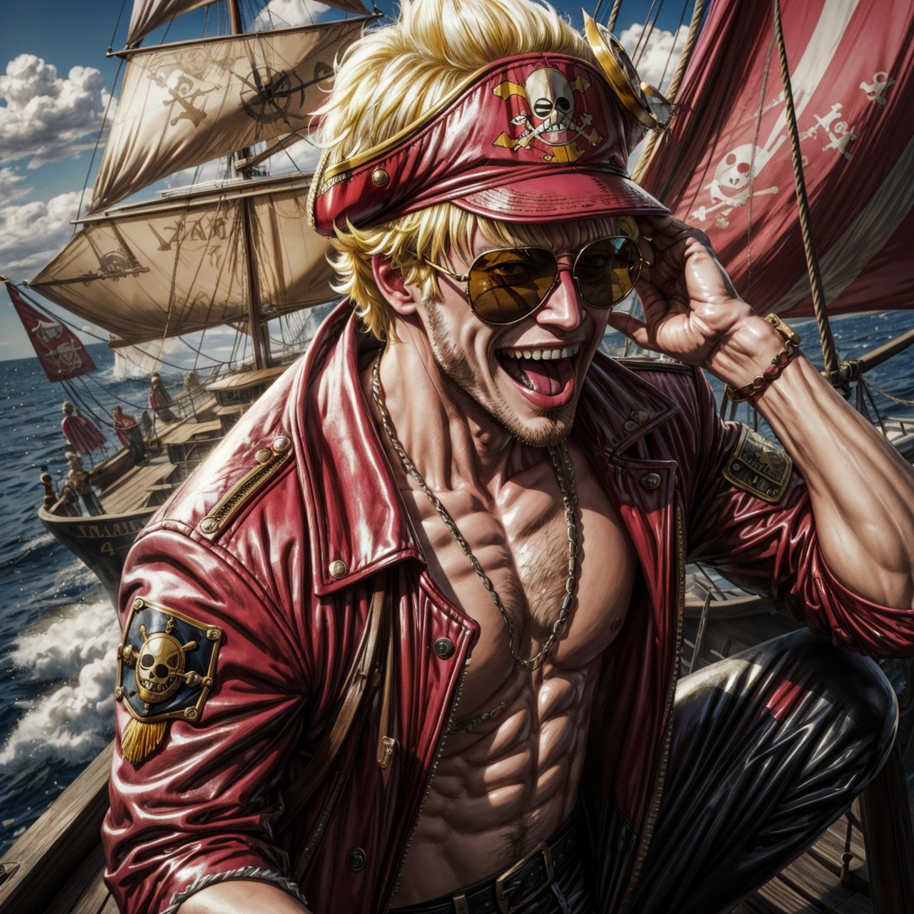 Best Quality, Masterpiece, Ultra High Resolution, Detailed Background, Doflamingo, one piece, yellow hair, red sunglasses, pink jacket, smile, pull the tongue, big tongue, face, portrait art,in a pirate ship, dynamic view, 4k Best Quality, chromatic_background, style, perfect eyes