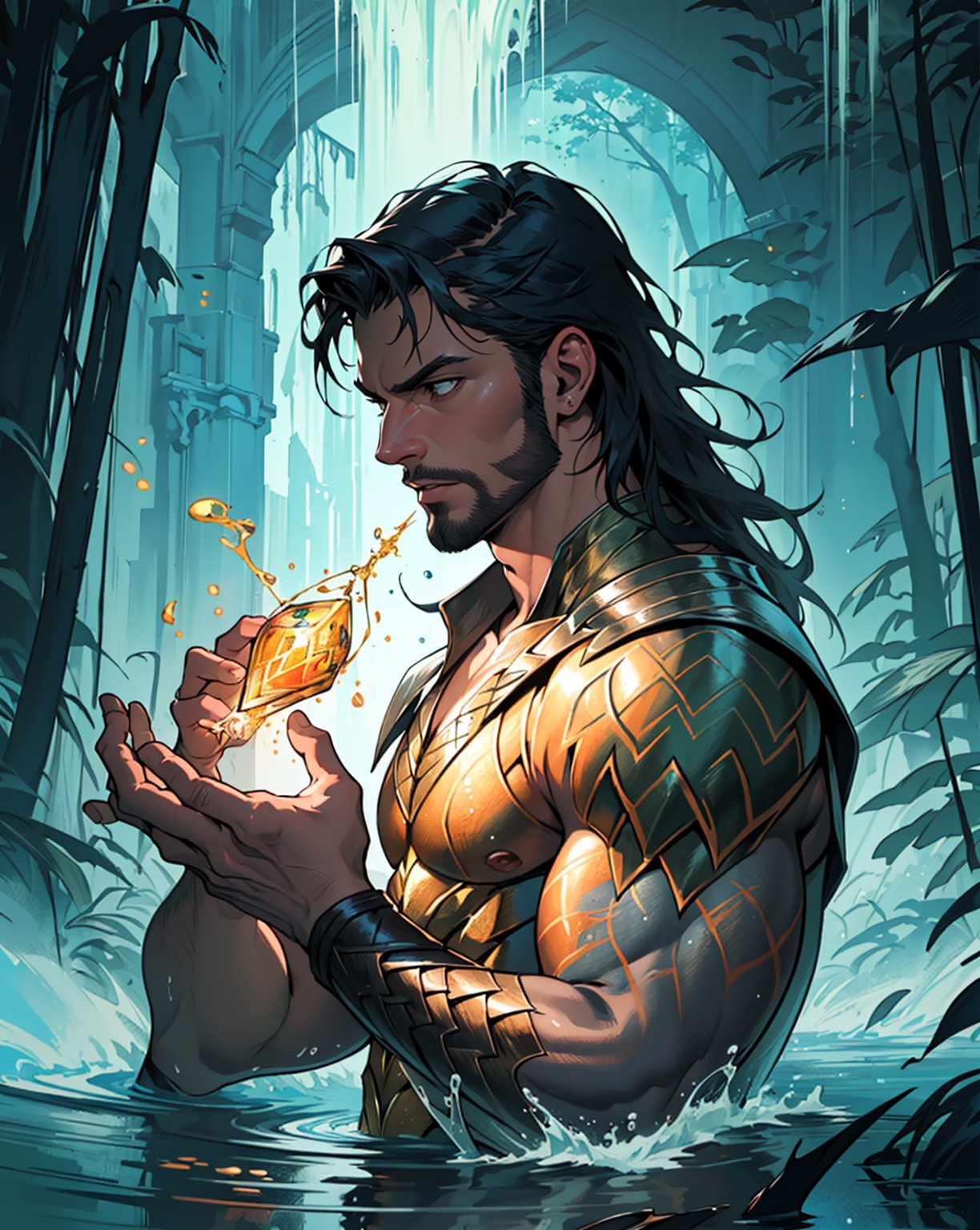 (masterpiece, best quality:1.4),(absurdres, highres, ultra detailed:1.2), Aquaman, (1 handsome man:1.4),(using dark magic:1.4),water magic,playful illustrations, imaginative overlays, artistic fusion,fantastical scenes, evocative narratives, striking visuals, upper body
