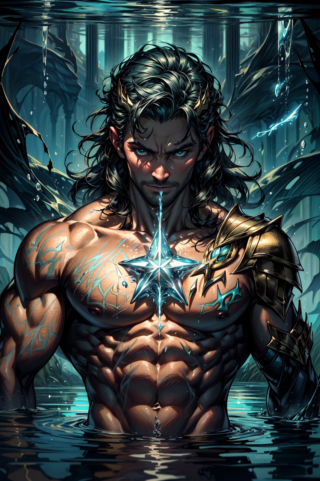 (masterpiece, best quality:1.4),(absurdres, highres, ultra detailed:1.2), Aquaman Loki, (1 handsome man:1.4),(using dark magic:1.4),water magic,playful illustrations, imaginative overlays, artistic fusion,fantastical scenes, evocative narratives, striking visuals, upper body