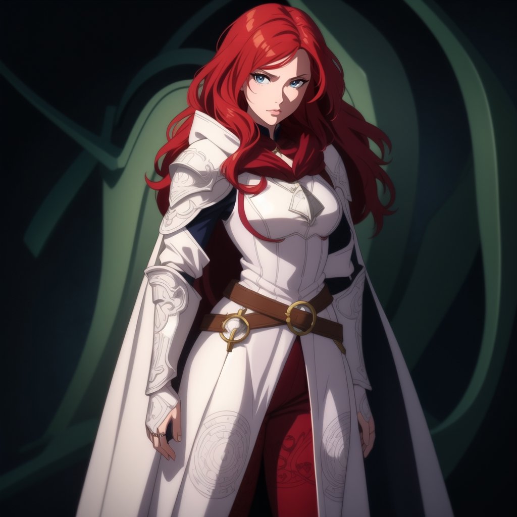 Red-haired lady dressed in white armor and a white hood, becky cloonan style, blue eyes, intense gaze, detailed illustrations, magali villeneuve, james jean, Elden Ring, Illustration, Line Art, Graphic Novel