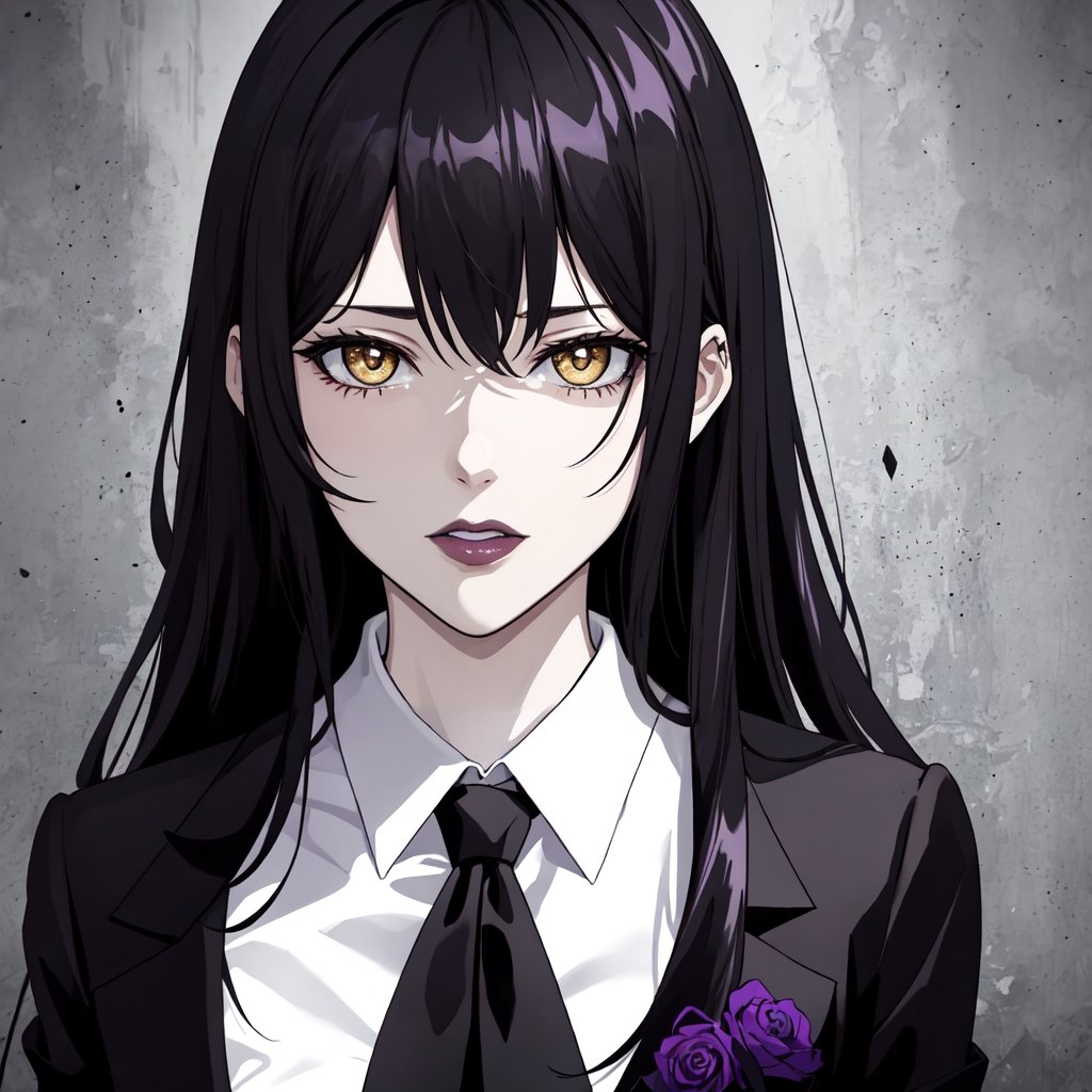 Close-up, a strikingly pale twenty-year-old woman with long straight black hair, styled with French bangs. Her piercing yellow eyes and her purple lips create an aura of mystery and danger. She is dressed in a suit and tie, which adds a touch of elegance to her overall dark appearance. This image is reminiscent of the cover of a thriller novel