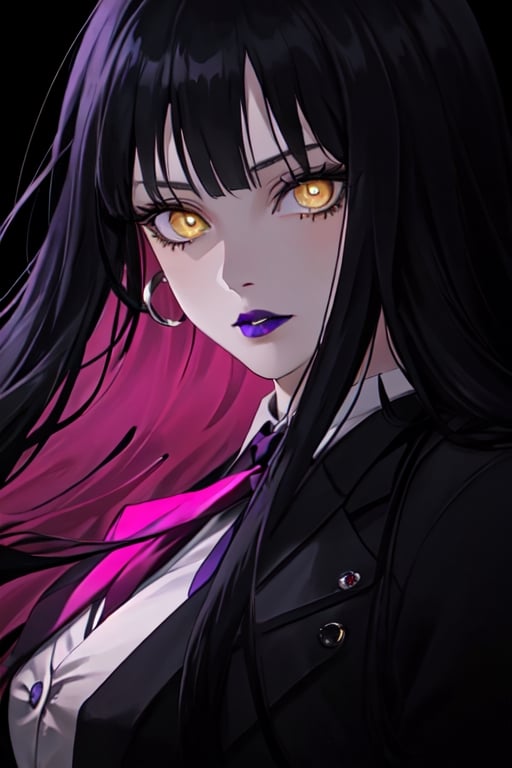 Close-up, a strikingly pale twenty-year-old woman with long straight black hair, styled with French bangs. Her piercing yellow eyes and her purple lips create an aura of mystery and danger. She is dressed in a suit and tie, which adds a touch of elegance to her overall dark appearance. This image is reminiscent of the cover of a thriller novel