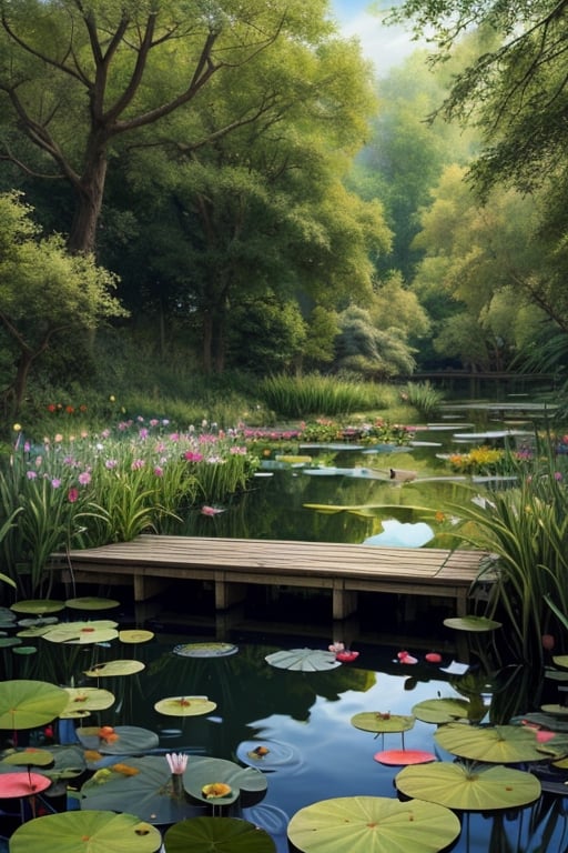 Illustrate a scene of a tranquil pond with lily pads in a whimsical, hand-drawn style. Add charming details like frogs resting on the lily pads and dragonflies hovering above, drawing inspiration from the playful works of Beatrix Potter