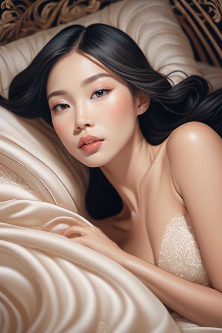 Attractive and beautiful lady lying on a luxurious bed, soft lighting, elegant composition, realistic shading, fine details. Digital painting by Audrey Kawasaki and Victoria Frances, high resolution.