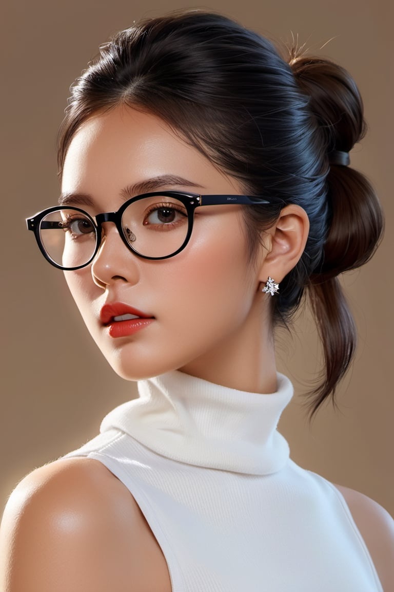 (digital painting) (portrait art) depicting a (beautiful woman) with (round glasses), (ponytail hairstyle), and a (seductive allure), (meticulous digital artwork), (captivating and alluring), (digital art by a skilled artist), (sophisticated charm), (intense gaze), (effortless beauty), (timeless and alluring portrait)