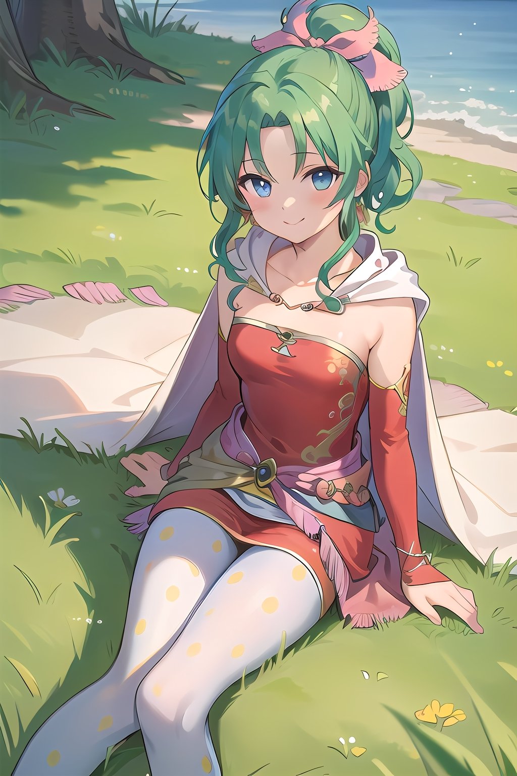 masterpiece, best quality, tina branford, green hair, cape, earrings, red dress, detached sleeves, hair ribbon, clothes around waist, print legwear, looking at viewer, closed mouth, smile, sitting on ground, grass