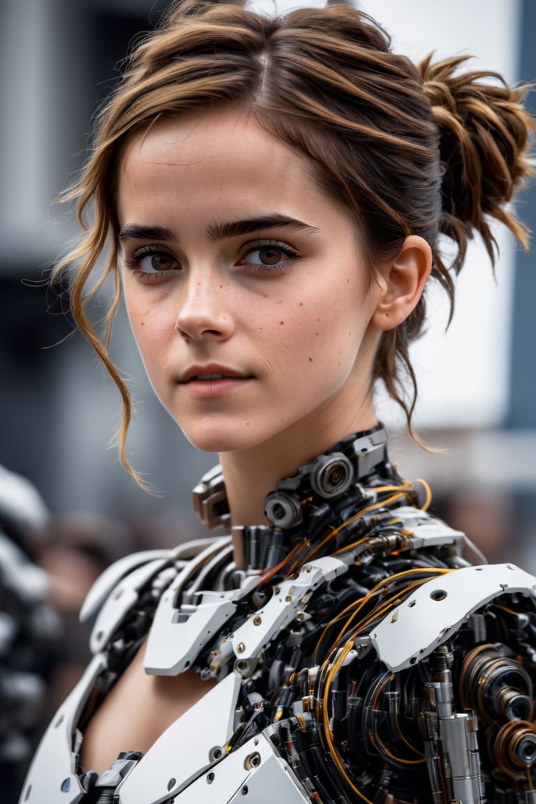 candid mid shot photo of beautiful age 18 girl, skswoman, Emma Watson, loose wires, mechanical, brown hair, messy bun, freckles, sexy, beautiful, dslr, 8k, 4k, ultrarealistic, realistic, natural skin, textured skin,Movie Still,cyborg style,mecha,