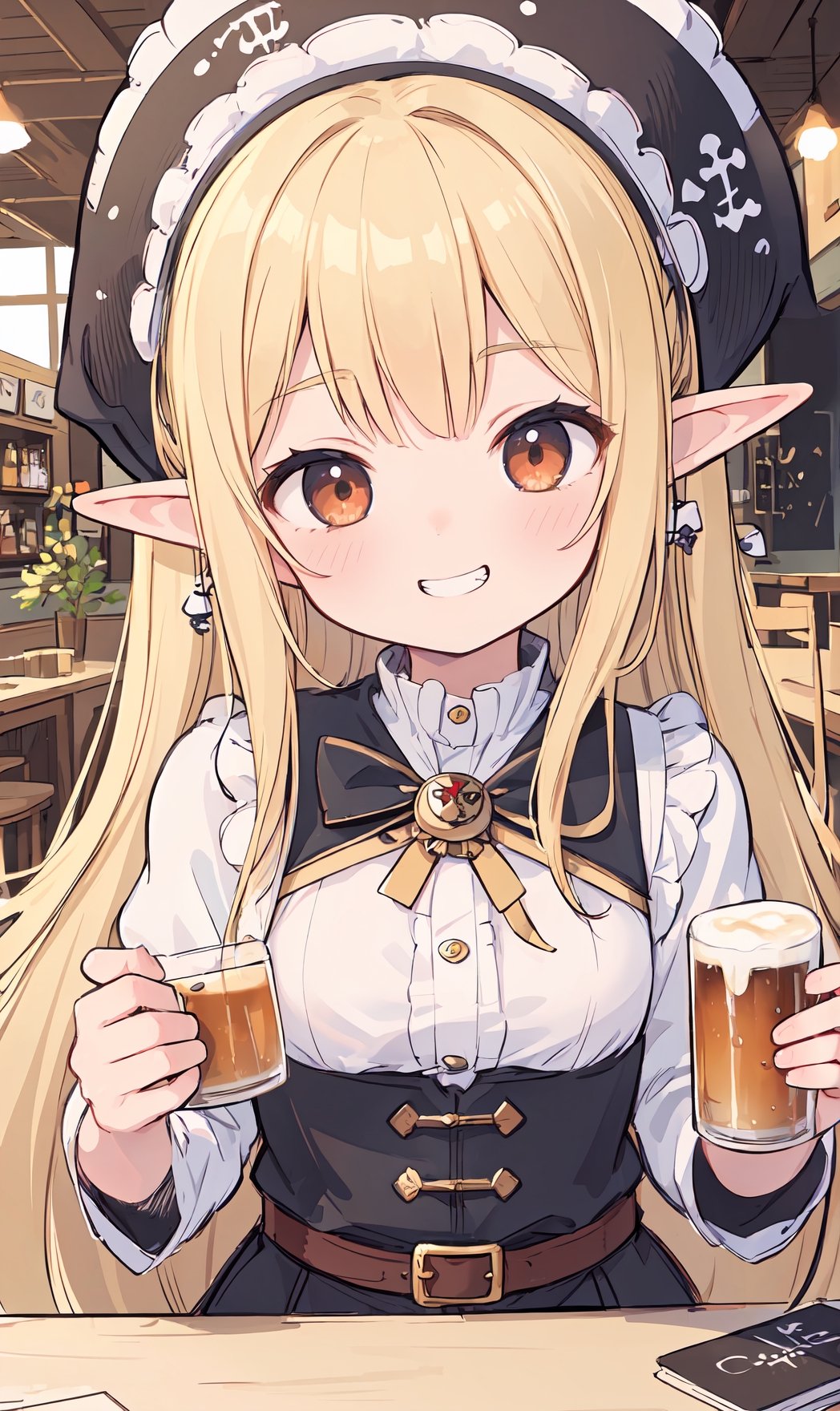 (masterpiece, best quality, highres:1.3), ultra resolution image, niji, sketch, manga, 1girl, upper body, holding_cup, beer, cafe, grin, very_long_hair, elf, pale_skin, pirates