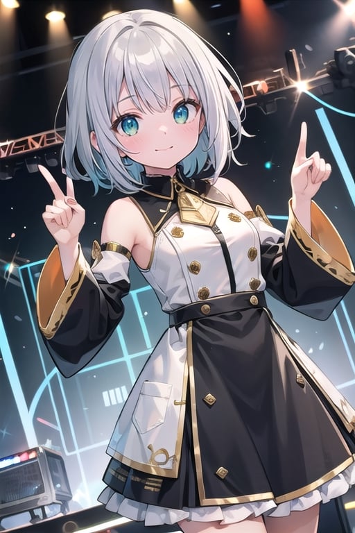 (masterpiece), (stage, idol, idol clothes, science fiction:1.2), 1girl, silver hair, medium hair, aqua eyes, long sleeves, detached sleeves, bare shoulders, smile, dutch angle