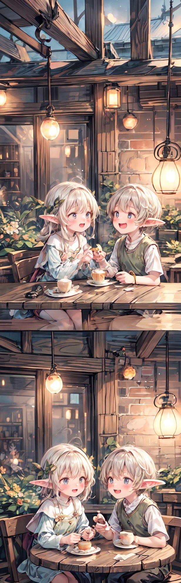     The elf and their friend, a boy, are seated at a quaint wooden table in a cozy corner of the café. The table is adorned with candles and small, enchanting decorations. The elf and the boy share a warm and friendly conversation, captured in a moment of laughter or shared enjoyment.

    The elf is elegantly dressed, wearing a charming outfit that reflects their magical nature. They may have subtle nature-themed accessories, like delicate leaf patterns or flower motifs.

    Both the elf and the boy have plates filled with delicious pastries and steaming cups of coffee. The aroma of freshly brewed coffee and the sweet scent of pastries fill the air, creating a delightful atmosphere.

    The elf's expression is one of joy and camaraderie, showcasing their warmth and friendliness. The boy is also portrayed with a happy and engaged expression, conveying the shared pleasure of the meal.

    The café's ambiance is cozy, with warm lighting and a mix of magical and natural elements that add to the enchanting setting. Perhaps there are floating lights or subtle glows from enchanted plants.

    The scene radiates a sense of friendship and shared moments, capturing the essence of the elf's warmth and the joy that comes from enjoying good food and company in the magical café environment.