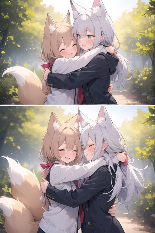 two fox sisters reunite, and their reunion is filled with heartfelt emotion. As they meet, they embrace each other in a warm and comforting hug. The atmosphere is one of pure relief and joy.

Both fox sisters have distinct fox-like features, including furry ears and bushy tails. Their expressions are now a blend of happiness, relief, and love.

The background can be a serene and nature-themed setting, creating a beautiful backdrop for this heartfelt reunion.