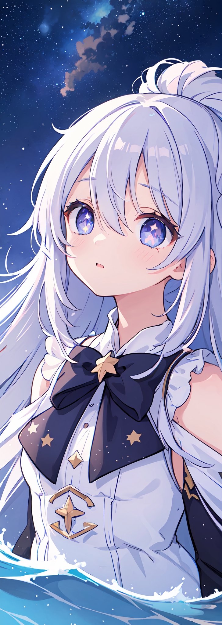 masterpiece, best quality, illustration, stars in the eyes,dishevelled hair,Starry sky adorns hair,1 girl,sparkling anime eyes,beautiful detailed eyes, beautiful detailed stars,blighting stars,emerging dark purple across with white hair,multicolored hair,beautiful detailed eyes,beautiful detailed sky, beautiful detailed water, cinematic lighting, dramatic angle,