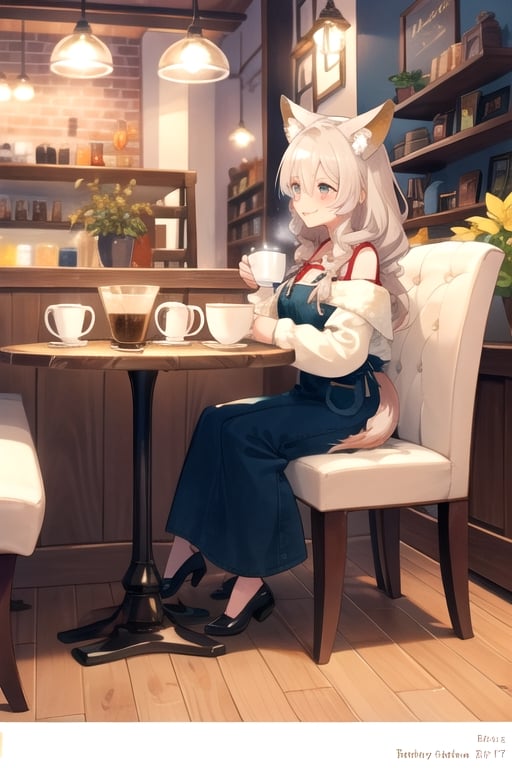 we find a charming coffee shop where a friendly dragon girl and a foxy girl have come together for a heartwarming coffee date. The coffee shop is a cozy haven, filled with the aroma of freshly brewed coffee and the soft hum of conversation.

The dragon girl, with her elegant and majestic presence, enjoys a cup of steaming coffee. Her eyes reflect a sense of serenity as she savors the warm beverage, and her scales shimmer in the soft cafe lighting.

Sitting across from her, the foxy girl radiates charm and curiosity. She playfully stirs her coffee, her fluffy tail wagging with excitement. A sense of friendship and camaraderie fills the air as they share stories and laughter.

The coffee shop's interior is decorated with inviting details, like plush chairs, cozy bookshelves, and warm wooden accents. The setting exudes comfort and togetherness, making it the perfect backdrop for this heartwarming coffee date.