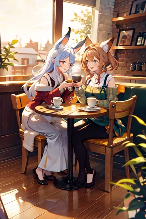 we find a charming coffee shop where a friendly dragon girl and a foxy girl have come together for a heartwarming coffee date. The coffee shop is a cozy haven, filled with the aroma of freshly brewed coffee and the soft hum of conversation.

The dragon girl, with her elegant and majestic presence, enjoys a cup of steaming coffee. Her eyes reflect a sense of serenity as she savors the warm beverage, and her scales shimmer in the soft cafe lighting.

Sitting across from her, the foxy girl radiates charm and curiosity. She playfully stirs her coffee, her fluffy tail wagging with excitement. A sense of friendship and camaraderie fills the air as they share stories and laughter.

The coffee shop's interior is decorated with inviting details, like plush chairs, cozy bookshelves, and warm wooden accents. The setting exudes comfort and togetherness, making it the perfect backdrop for this heartwarming coffee date.