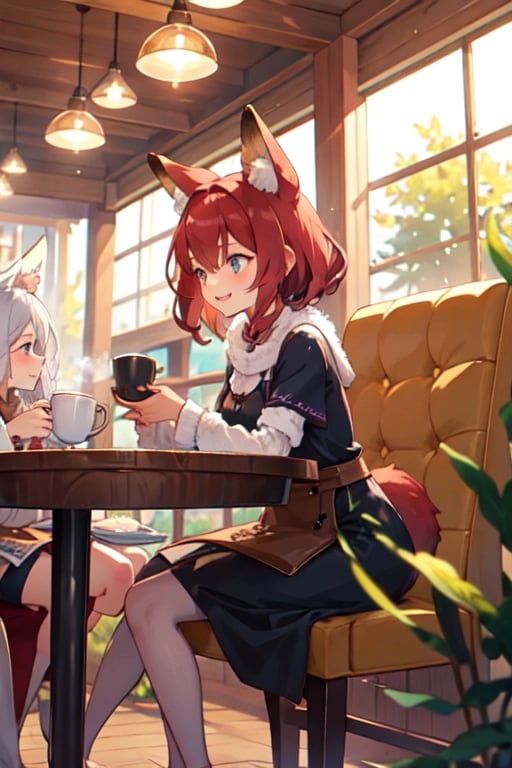 we find a charming coffee shop where a friendly dragon girl and a foxy girl have come together for a heartwarming coffee date. The coffee shop is a cozy haven, filled with the aroma of freshly brewed coffee and the soft hum of conversation.

The dragon girl, with her elegant and majestic presence, enjoys a cup of steaming coffee. Her eyes reflect a sense of serenity as she savors the warm beverage, and her scales shimmer in the soft cafe lighting.

Sitting across from her, the foxy girl radiates charm and curiosity. She playfully stirs her coffee, her fluffy tail wagging with excitement. A sense of friendship and camaraderie fills the air as they share stories and laughter.

The coffee shop's interior is decorated with inviting details, like plush chairs, cozy bookshelves, and warm wooden accents. The setting exudes comfort and togetherness, making it the perfect backdrop for this heartwarming coffee date.