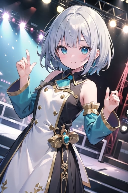 (masterpiece), (stage, idol, idol clothes, science fiction:1.2), 1girl, silver hair, medium hair, aqua eyes, long sleeves, detached sleeves, bare shoulders, smile, dutch angle