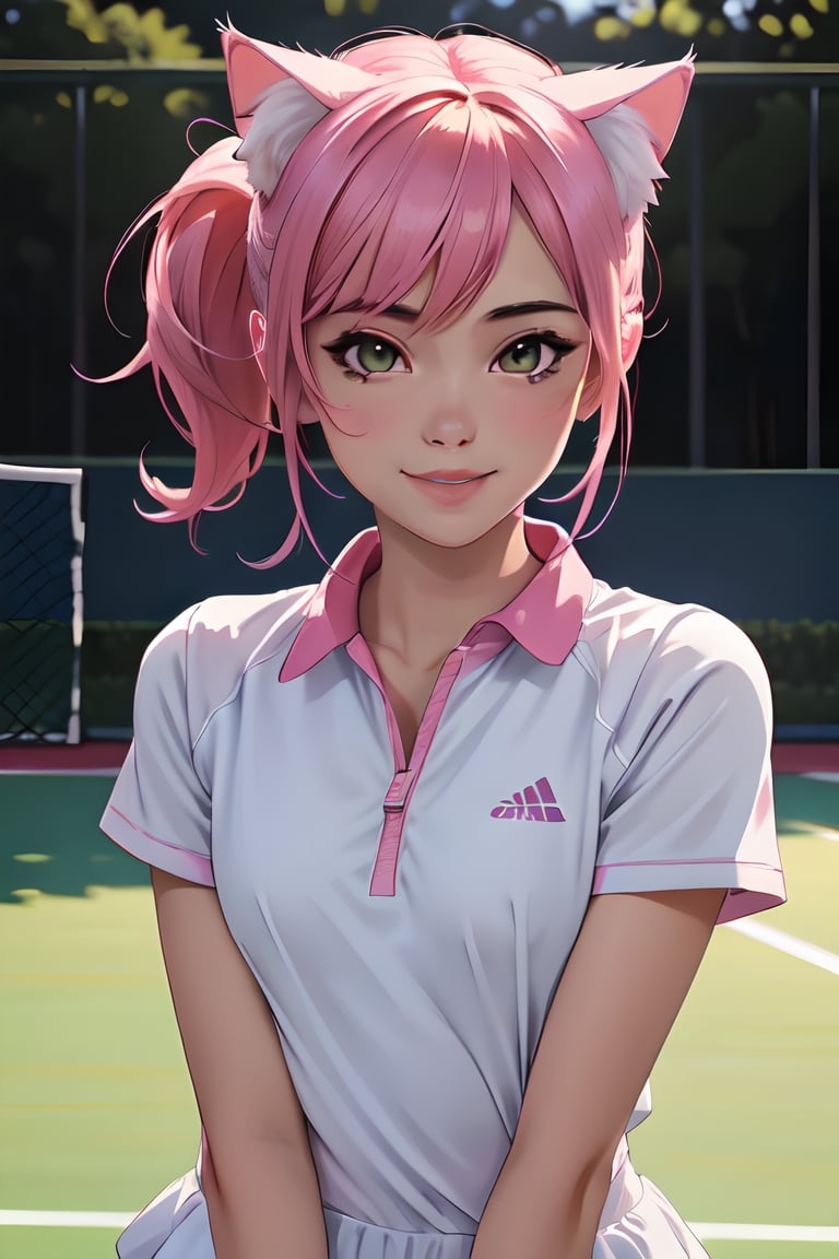 (high resolution, upper body, soft skin:1.2),(best illustration,masterpiece:1.2),ultra-detailed,[(cat ears ,pink inside:1.2),vivid colors,sharp focus,portrait,studio lighting,bokeh, wearing a tennis uniform, tennis courts background, dusk, full body portrait, smiling,
