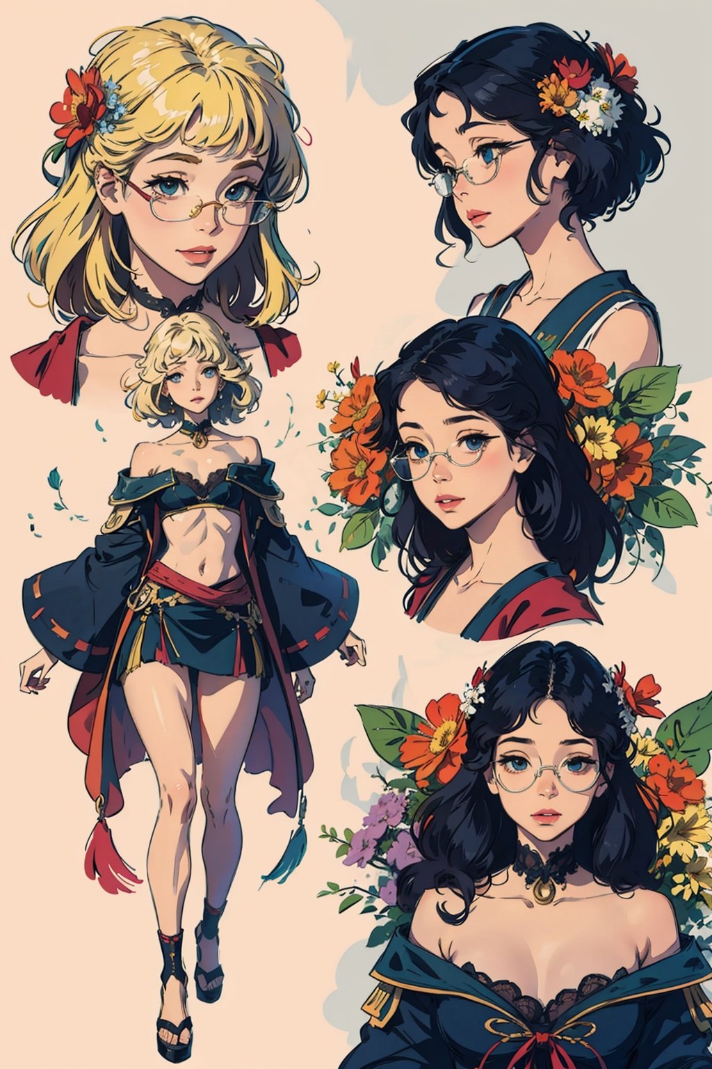 analog, (watercolor:0.4), hand drawn, Art Nouveau, rococo, Alphonse Mucha, anime face, 1 little girl, loli, bookworm, glasses, light smile, dress, hair ornaments, crop top, off shoulder, mini skirt, flowers, leafs, Bourgeois, full body,High detailed ,Detailedface,Detailedeyes,Shion face,anime,ASU1,bul4n,Circle,SAM YANG