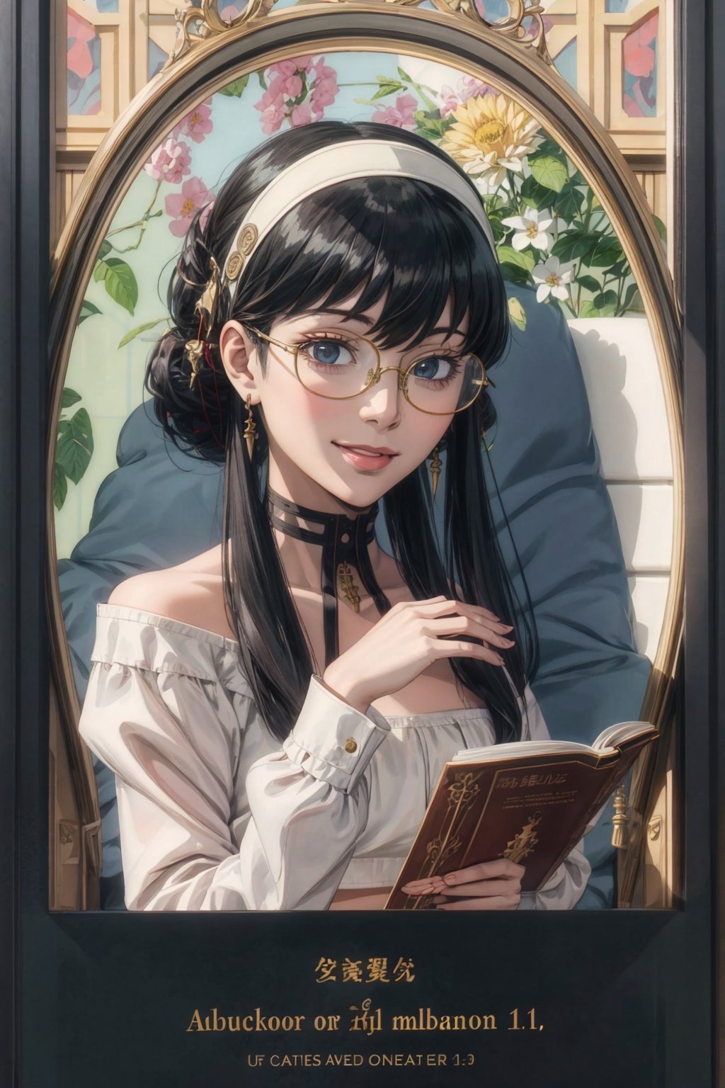 analog, (watercolor:0.4), hand drawn, Art Nouveau, rococo, Alphonse Mucha, anime face, 1 little girl, loli, bookworm, glasses, light smile, dress, hair ornaments, crop top, off shoulder, mini skirt, flowers, leafs, Bourgeois, full body,High detailed ,Detailedface,Detailedeyes,Shion face,anime