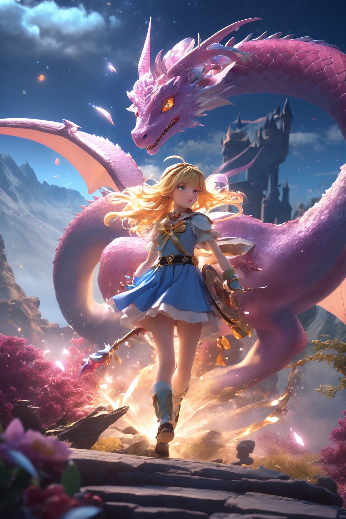 high quality, 8K Ultra HD, masterpiece, A beautiful magical girl is fighting a dragon, magical girl hat, black eye, fantasy world, breathtaking landscapes, mystical atmosphere, three dimensional effect, luminism, Albert Anker, Feeling like John Howe, 3d render, octane render, cinematic, Isometric, by yukisakura, awesome full color, 