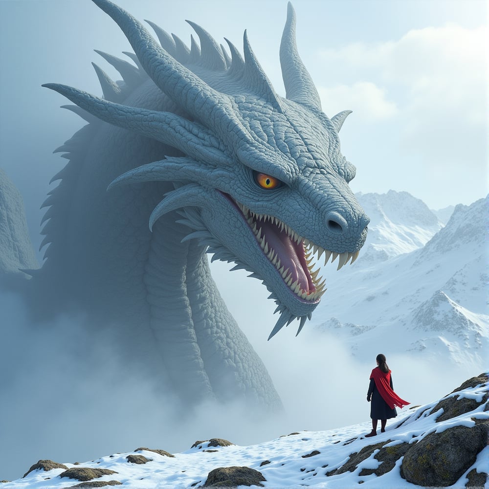 Masterpiece, Top Quality,  cinematic composition, sharp, details, hyper - detailed, hd, hdr, 4 k, 8k,  Fantasy, detail XL,High, Masterpiece, Top Quality,  cinematic composition, sharp, details, hyper - detailed, hd, hdr, 4 k, 8k,XL,hyperrealism, soft light, 
The prompt for the Dragon was (1st pic):
On top of the summits of the Nameless Mountains he resides: The unholy creature, which name you should not speak, not even whisper. It is the Dragen with the name of - well, thankfully, the name was long forgotten, because the name itself is so horrible, you would die in disgust. It was unspeakable anyway, trust me bro. This Wingless Dragon was as old as the Mountains, and after all these years, he even took the shape and form of them, a creature of stone, undistinguishable, camouflaged, like a whisper in the wind. Pilgrims, who had the fortune to survive the Dragon, told of the many skeletons and bones, now covered under the snow of the mountains. When will this horrid creature come again to strike the village? We hope, never again..., 
FluxBoost, ((wingless)), ((perfect camouflage)), (partly hidden under snow), small pilgrim
