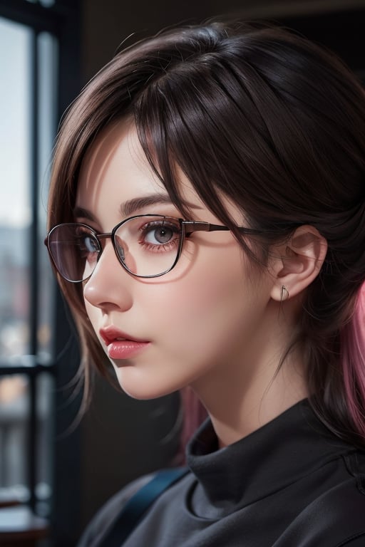 extra detailed, detailed anatomy, detailed face, detailed eyes, professional photography of beautiful 21 year old lady, black sweatshirt, glasses, distracted, in profile, hair mixed between black and pink, cafe