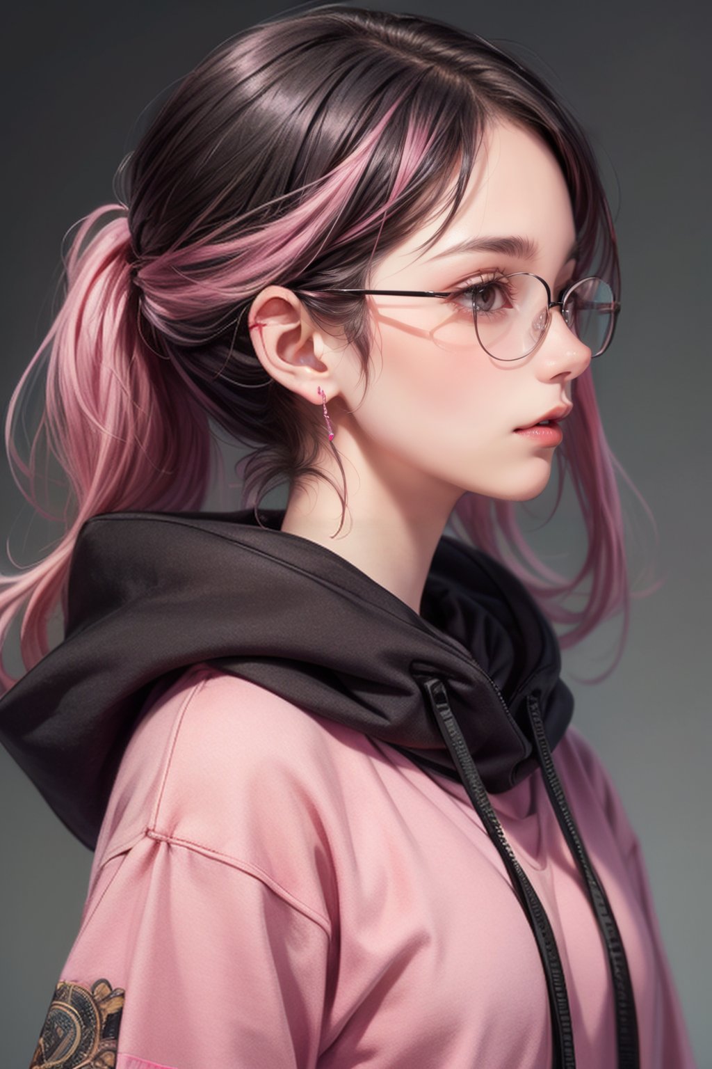 extra detailed, detailed anatomy, detailed face, detailed eyes, professional photography of beautiful 21 year old lady, black sweatshirt, glasses, distracted, in profile, hair mixed between black and pink,