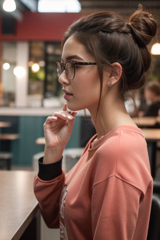 extra detailed, detailed anatomy, detailed face, detailed eyes, professional photography of beautiful 21 year old lady, black sweatshirt, glasses, distracted, in profile, hair mixed between black and pink, cafe