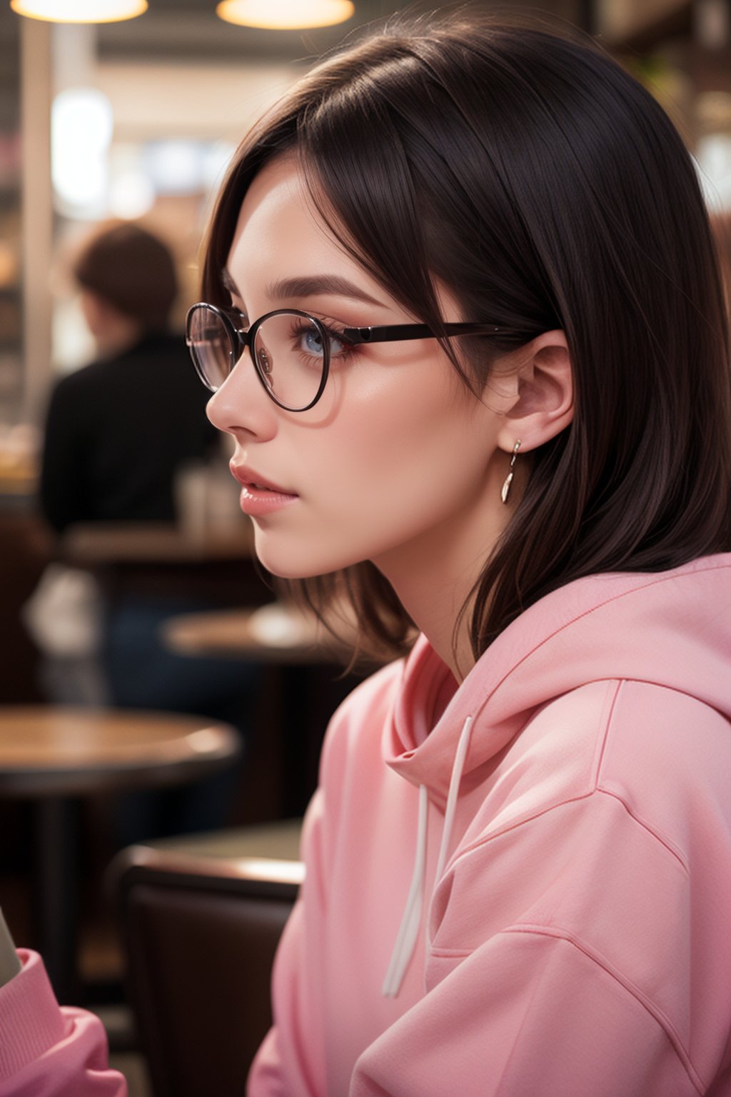 extra detailed, detailed anatomy, detailed face, detailed eyes, professional photography of beautiful 21 year old lady, black sweatshirt, glasses, distracted, in profile, hair mixed between black and pink, cafe