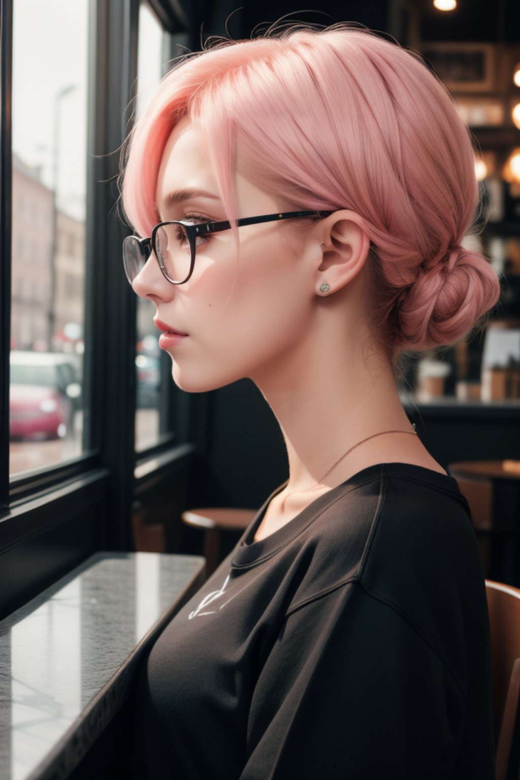 extra detailed, detailed anatomy, detailed face, detailed eyes, professional photography of beautiful 21 year old lady, black sweatshirt, glasses, distracted, in profile, hair mixed between black and pink, cafe