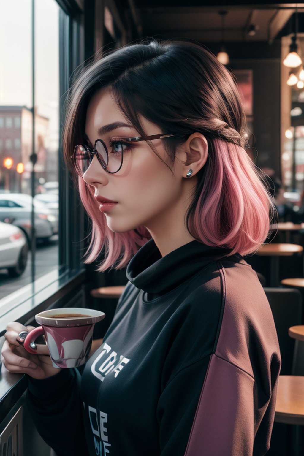 extra detailed, detailed anatomy, detailed face, detailed eyes, professional photography of beautiful 21 year old lady, black sweatshirt, glasses, distracted, in profile, hair mixed between black and pink, cafe