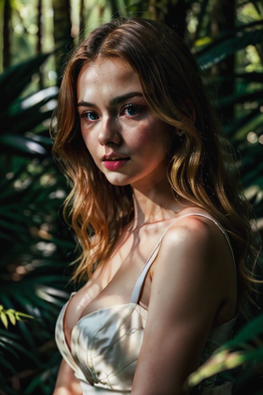  Portrait photo of 24 y.o busty clevage woman, wearing white dress, perfect face, closed_mouth ,bright long blonde hair, cinematic shot, soft dramatic lighting in a rainforests ,perfecteyes