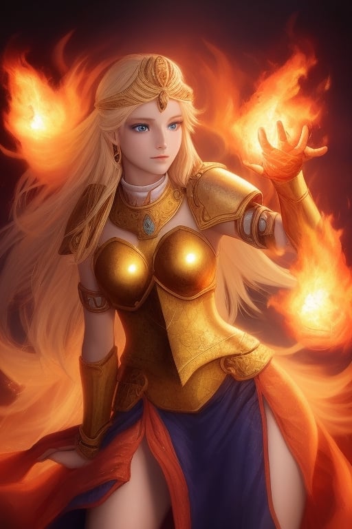 beautiful goddess of fire with blue eyes golden hair wearing medieval armor and a fireball in her right hand