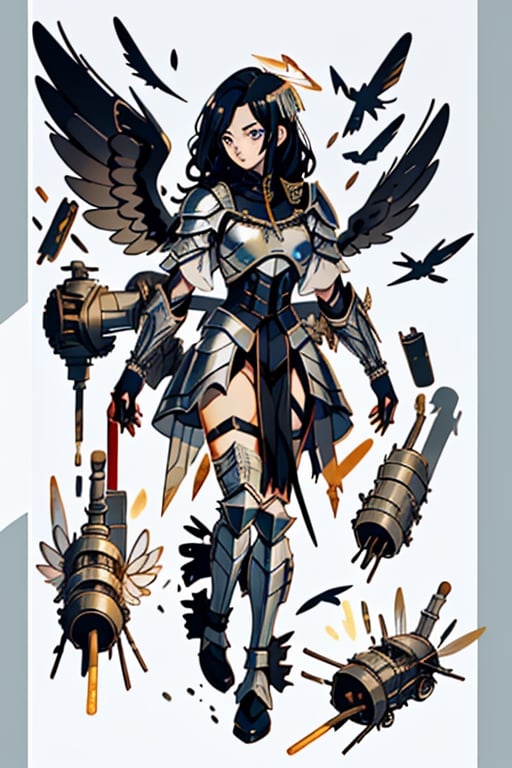 black haired angel with metallic wings wearing silver armor and a cannon in one arm