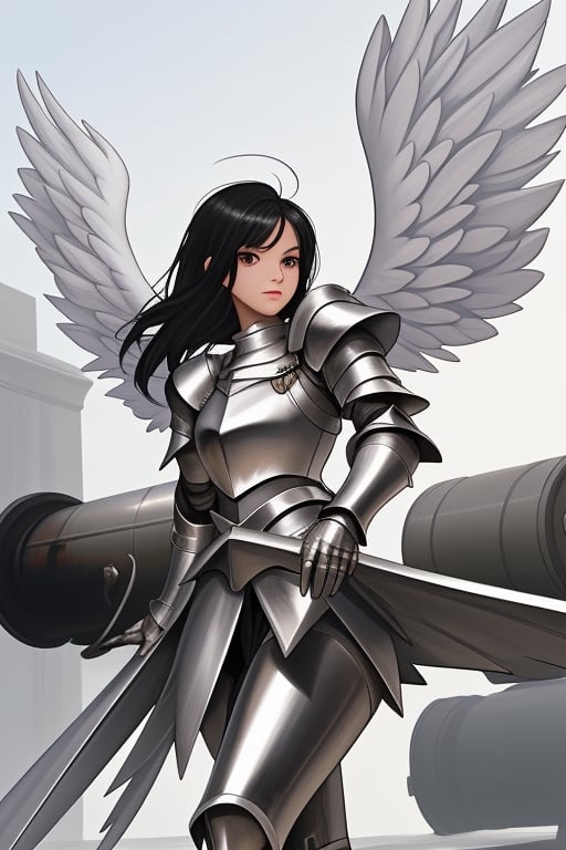 black haired angel with metallic wings wearing silver armor and a cannon in one arm