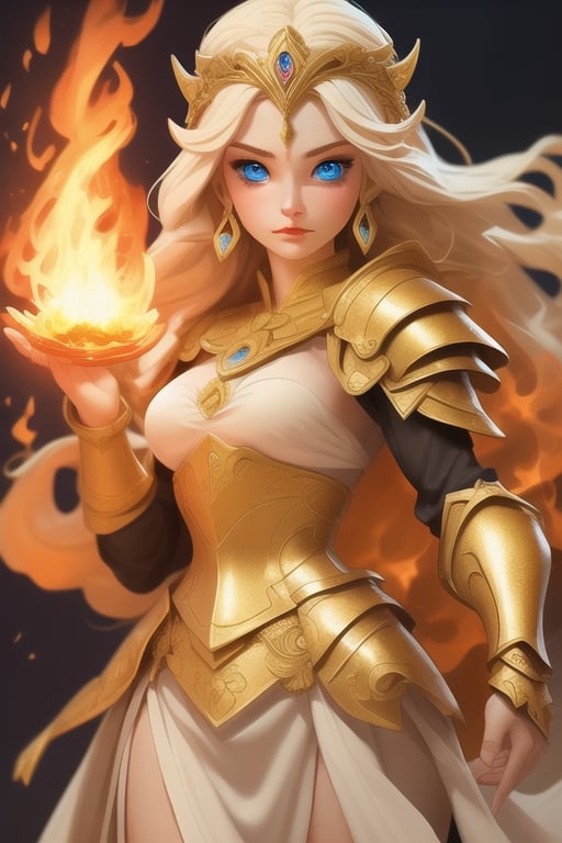 beautiful goddess of fire with blue eyes golden hair wearing medieval armor and a fireball in her right hand