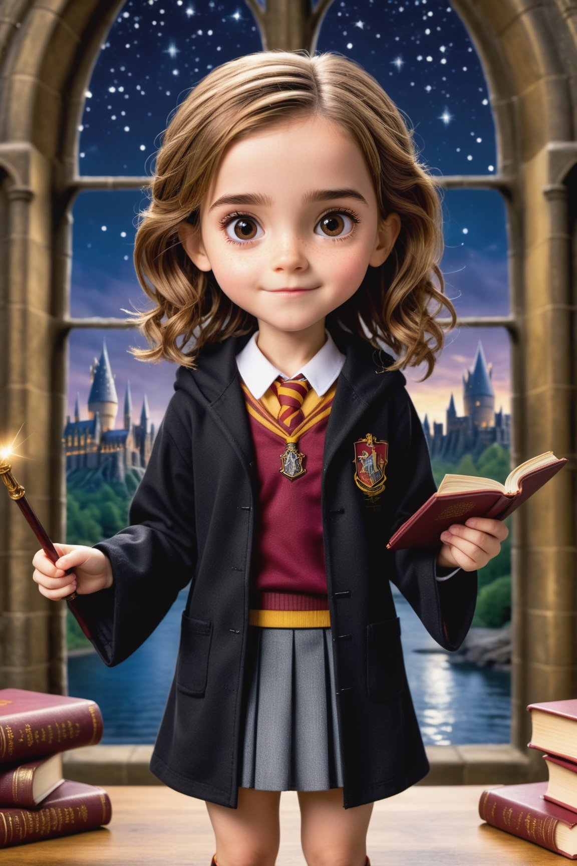 Using vibrant, family-friendly Pixar animation aesthetics, depict Emma Watson as a cute chibi version of Hermione Granger from the Harry Potter series. Chibi Hermione is very small with a large head, big expressive eyes, and a petite body in proportion. She has Emma's signature features and frizzy brown hair styled like Hermione's. Chibi Hermione wears the iconic Hogwarts student uniform - black robes, Gryffindor crest, cloak, and tie. She holds her magic wand and spellbook, peering at them curiously with a smile. In the background behind her is the towering, elaborate Hogwarts Castle at night, windows glowing, with the lake and dark forest beyond. The starry night sky adds to the magical atmosphere. The overall scene captures the innocence and charm of Emma Watson reimagined as adorable mini Hermione set in the whimsical Harry Potter universe.