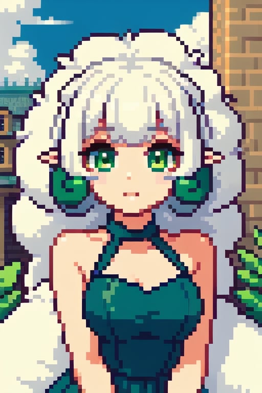 (((masterpiece))), (((best quality))), ((ultra-detailed)), (illustration), ((an extremely delicate and beautiful))(1girl), , floating_hair,  glowing eyes, pointy_ears, white hair, green eyes,halter dress, feather, leaves, nature, (sunlight) ,Pixel art,Whimsicott, in_city,city wall