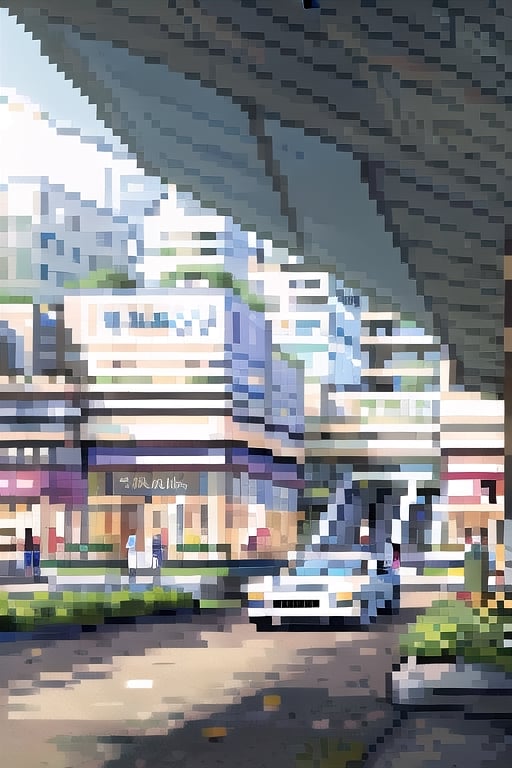 (((masterpiece))), (((best quality))), ((ultra-detailed)), (illustration), ((an extremely delicate and beautiful)), , (sunlight) ,Pixel art,, architecture,Pixel world, Mall, PARKINGLOT_IN Forground