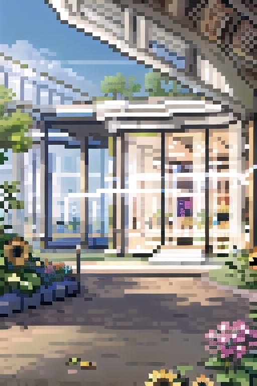 (((masterpiece))), (((best quality))), ((ultra-detailed)), (illustration), ((an extremely delicate and beautiful)), , (sunlight) ,Pixel art,sunflowers_in_backgroun, architecture,Pixel world, Mall