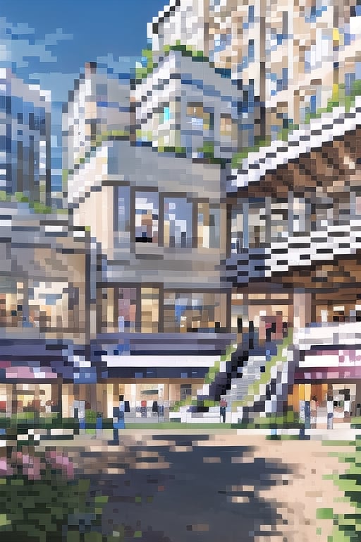 (((masterpiece))), (((best quality))), ((ultra-detailed)), (illustration), ((an extremely delicate and beautiful)), , (sunlight) ,Pixel art,, architecture,Pixel world, Mall, PARKINGLOT_IN Forground