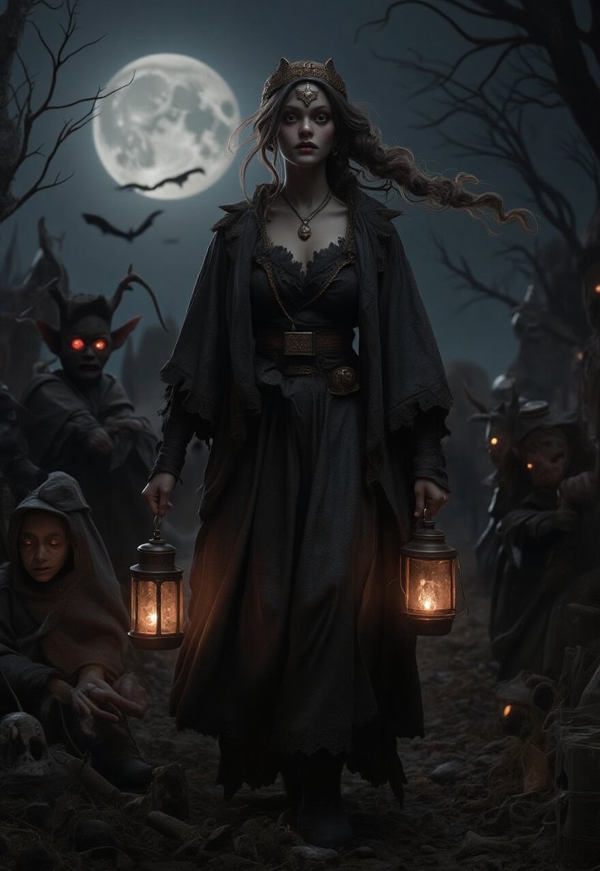 woman in elegant Halloween costume, walking through moonlit spooky meadow on Halloween night, hair in ponytail, spooky atmosphere, (((lantern in hand))), Halloween theme, candy collection setting, devil children procession behind