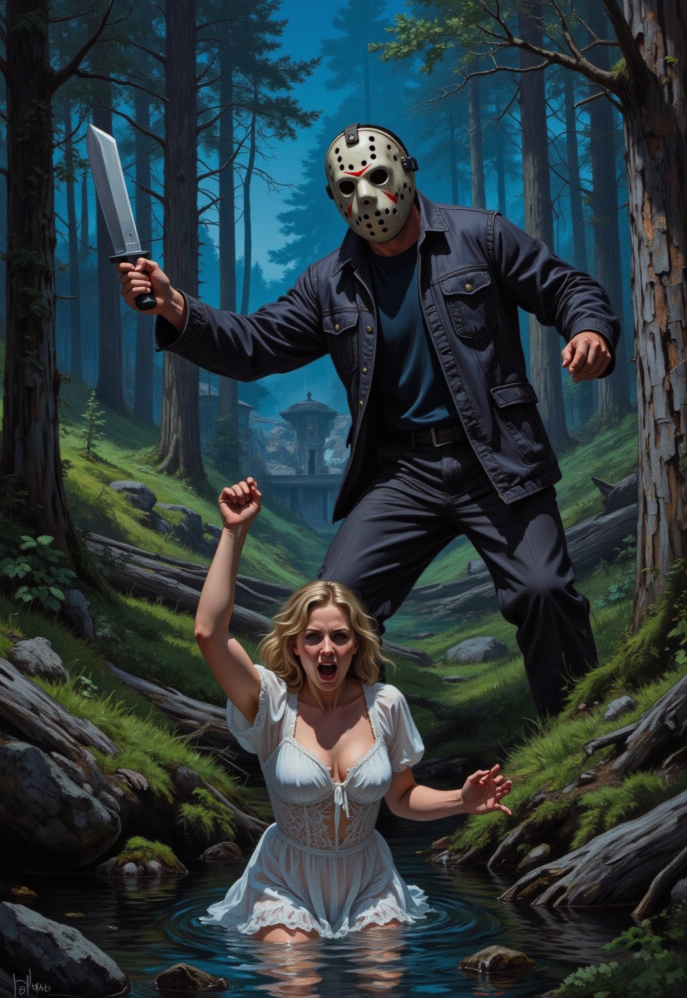 (vintage horror movie),  Friday the 13th,  ((hockey masked killer Jason Voorhees swings his machete at a blonde woman scre...