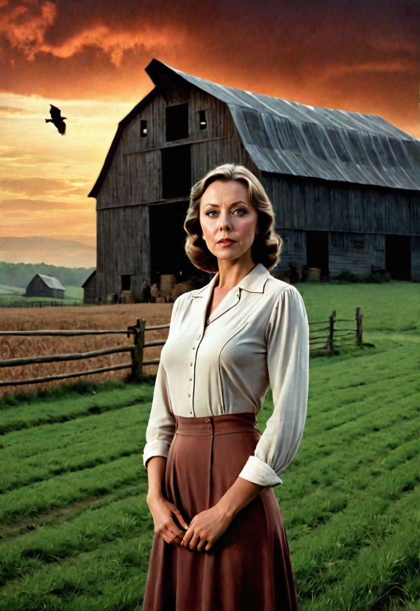 1930s,  a Jenny Agutter stands on a farm site with a creepy barn (in full view of the landscape),  (highly detailed HD) by...