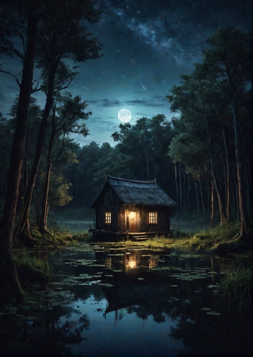 Landscape,  creepy little swamp pond in the forest at night,  simple little boathouse on the shore by Draqulore on Tensor.Art