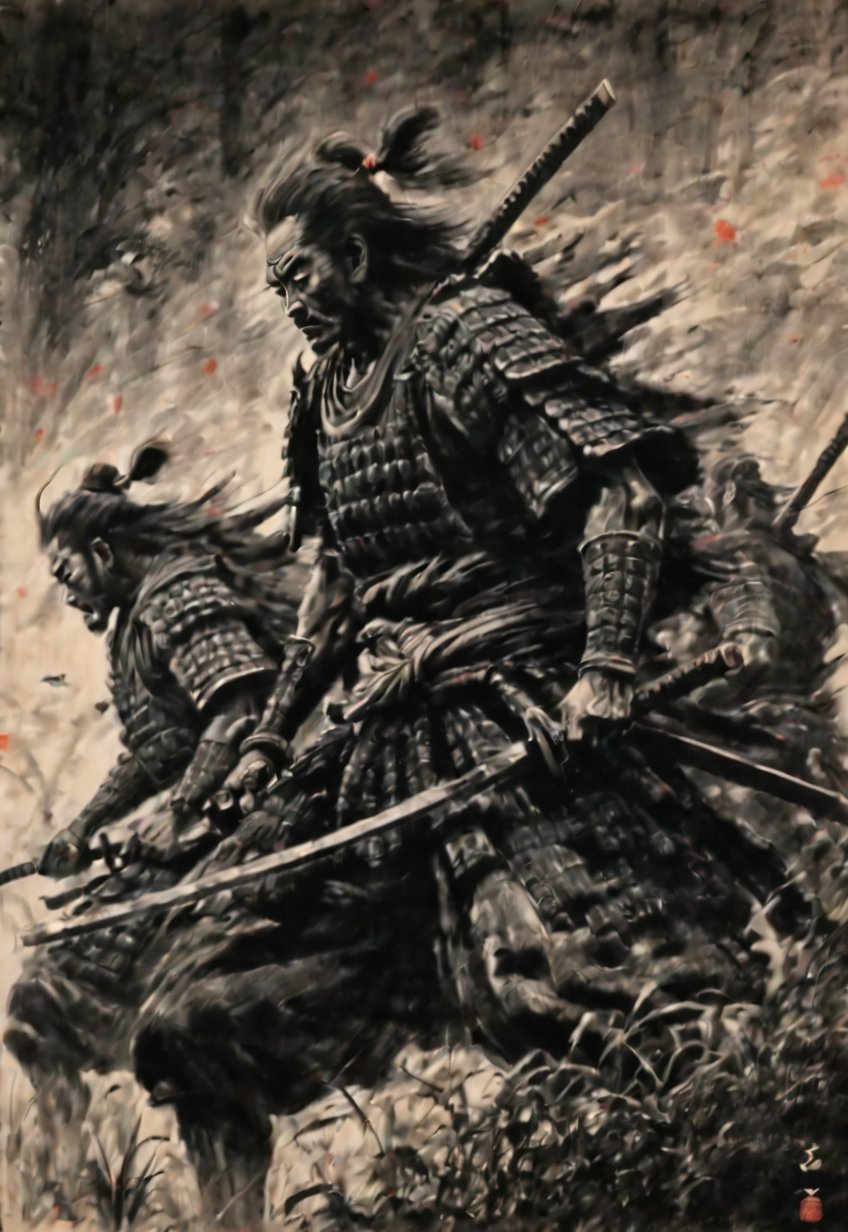 ((Seven Japanese samurai standing side by side in the wilderness)), excellent image quality, exquisite detail, charcoal drawing, charcoal, popular Japanese action manga, ink painting, Japanese plains, holding swords, glowing eyes, fearless heroism, warriors