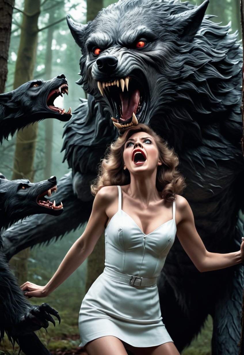 Several ugly werewolves touch and hold the body of a beautiful British woman,  she screams in fear,  dramatic angles and p...