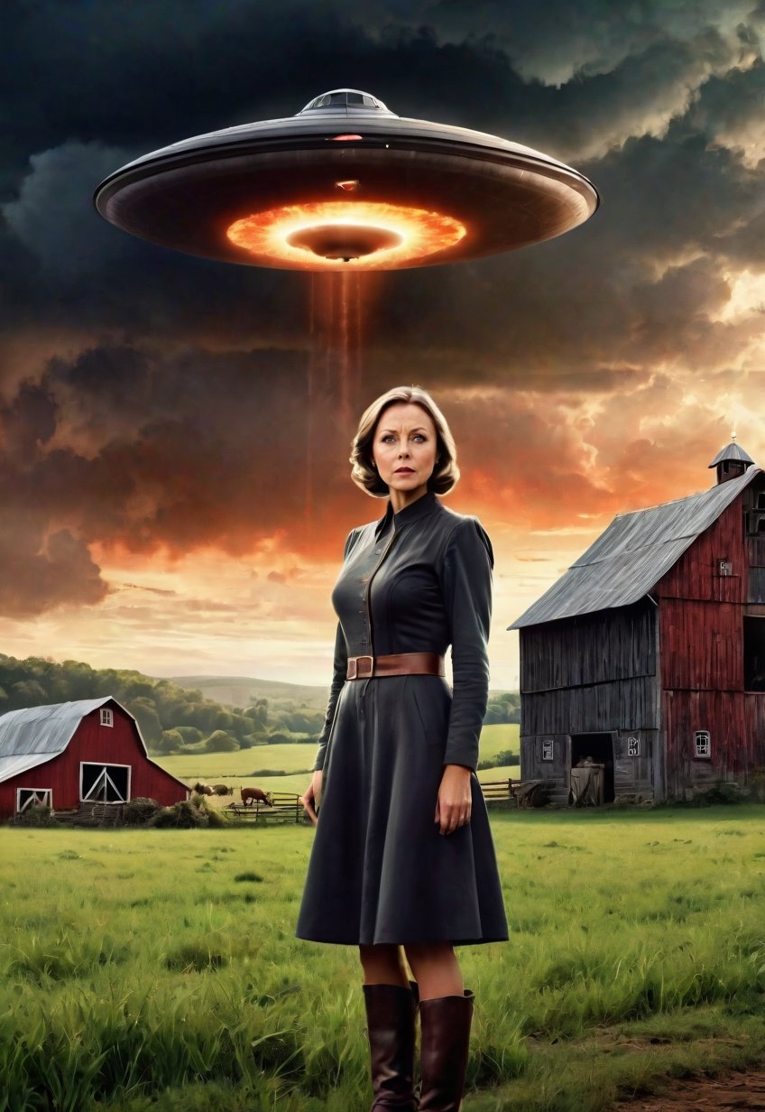1930s,  a Jenny Agutter stands on a farm site with a creepy barn (in full view of the landscape),  (highly detailed HD) by...